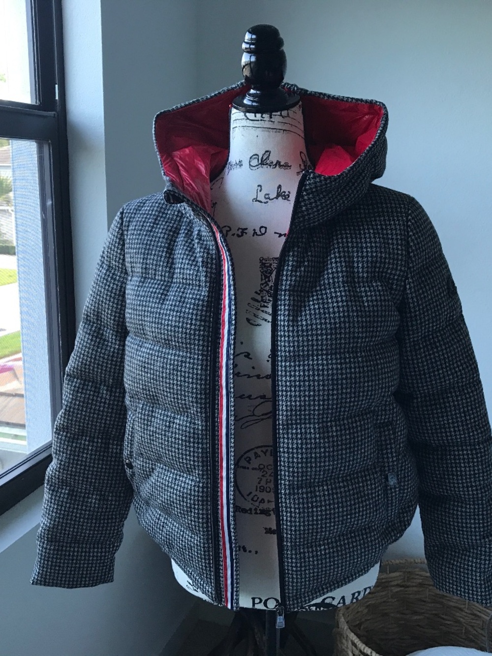 Women's CLASNA Houndstooth Puffer Jacket with Red Lining